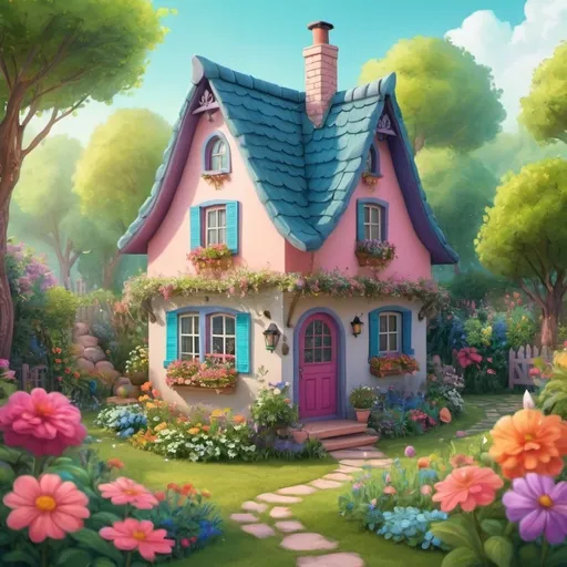 Prompt: a small house in the middle of a garden, flowery cottage, fantasy house, cozy home background, colorful house,  cute cozy room, 