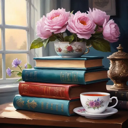 Prompt:  a painting of a stack of books and a cup of tea, fantasy art, books and flowers 