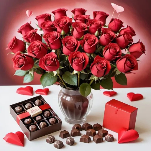 Prompt: a bouquet of roses and chocolates on a table, chocolate art, for a beautiful, decorative roses, candy decorations, roses background, romanticism painting, red roses, rosses, romanticist, romanticism artwork, ad image, romantic themed, small red roses, romantic mood, in romantic style, many origami roses, rose background, greeting card