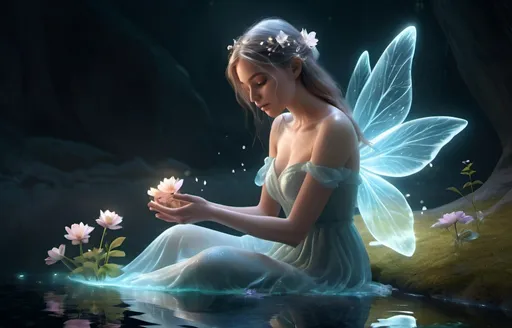 Prompt: a woman sitting on the ground with flowers in her hand, a stunning fantasy 3D render, a glowing water elemental or perhaps a fairy tale, a beautiful rendering by an artist, a transparent glass woman gently caressing the earth,