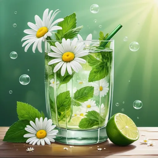 Prompt: a glass of mojito and white flowers, greens, daisies, behance HD, spring light, 9:4, very sweet, drink, beautiful!!!, dissolving, beautiful frames, [bubbles, lush wildlife, realistic, beautiful, natural , cartoon acrylic drawing