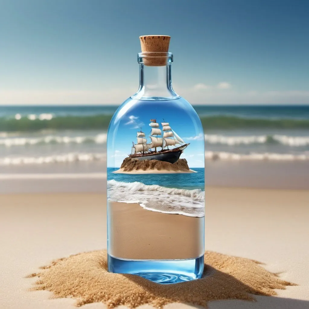 Prompt:  a bottle filled with water sitting on top of a sandy beach, ship in a bottle, surreal water art, photoshop water art, surrealistic digital artwork, creative photo manipulation, mind-bending digital art, stunning digital art, illusion surreal art, sand art bottle, miniature photography, captured in bottles, 3d advanced digital art, hyper realistic digital art, surreal digital art