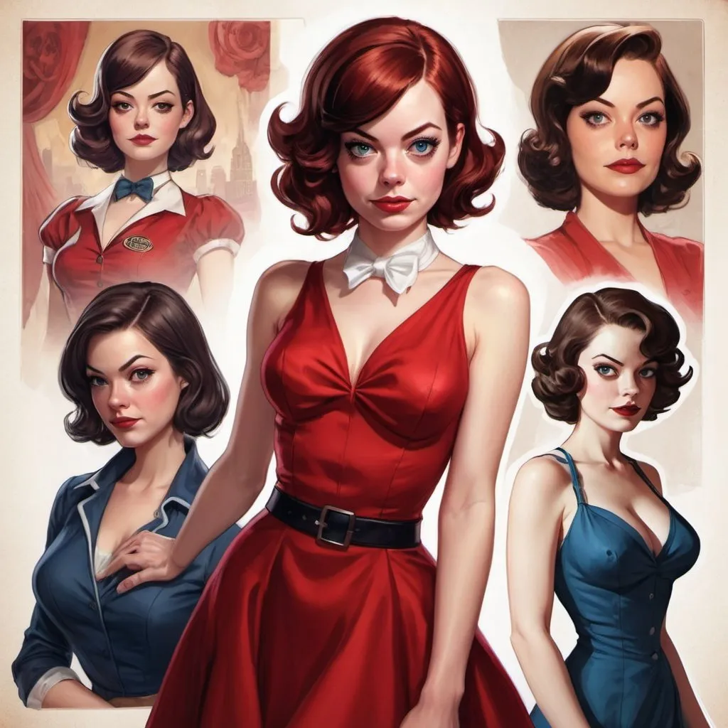 Prompt: drawing of a woman in a red dress, art style by Dan DeCarlo, Emma Stone as a pin-up girl, Elizabeth from Bioshock Infinite, artgerm and Lois van Baerle, art style by Noel Coipel