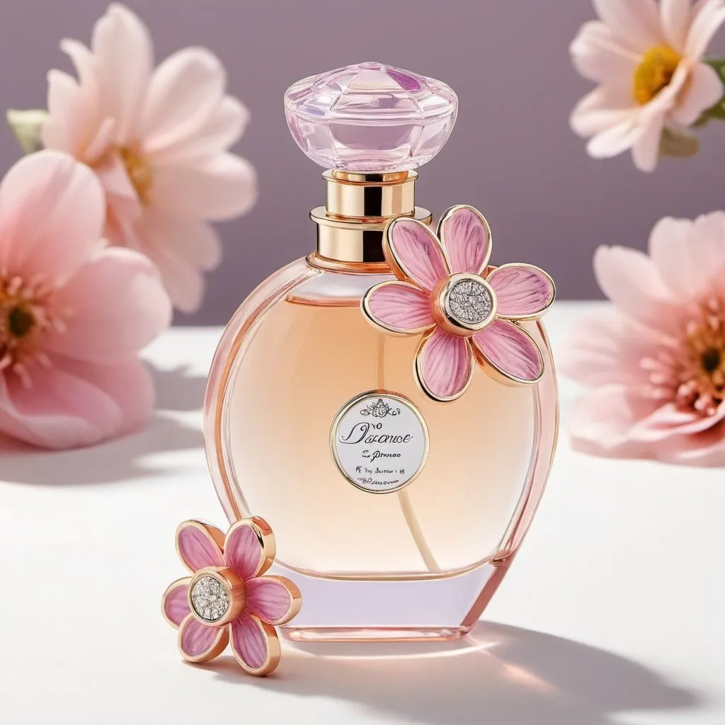 Prompt:  Lift your spirits with the delicate aroma of this beautiful perfume bottle, decorated with charming 3D flowers 🌸✨ Scent Of Elegance , Floral Fragrance , Perfume Magic