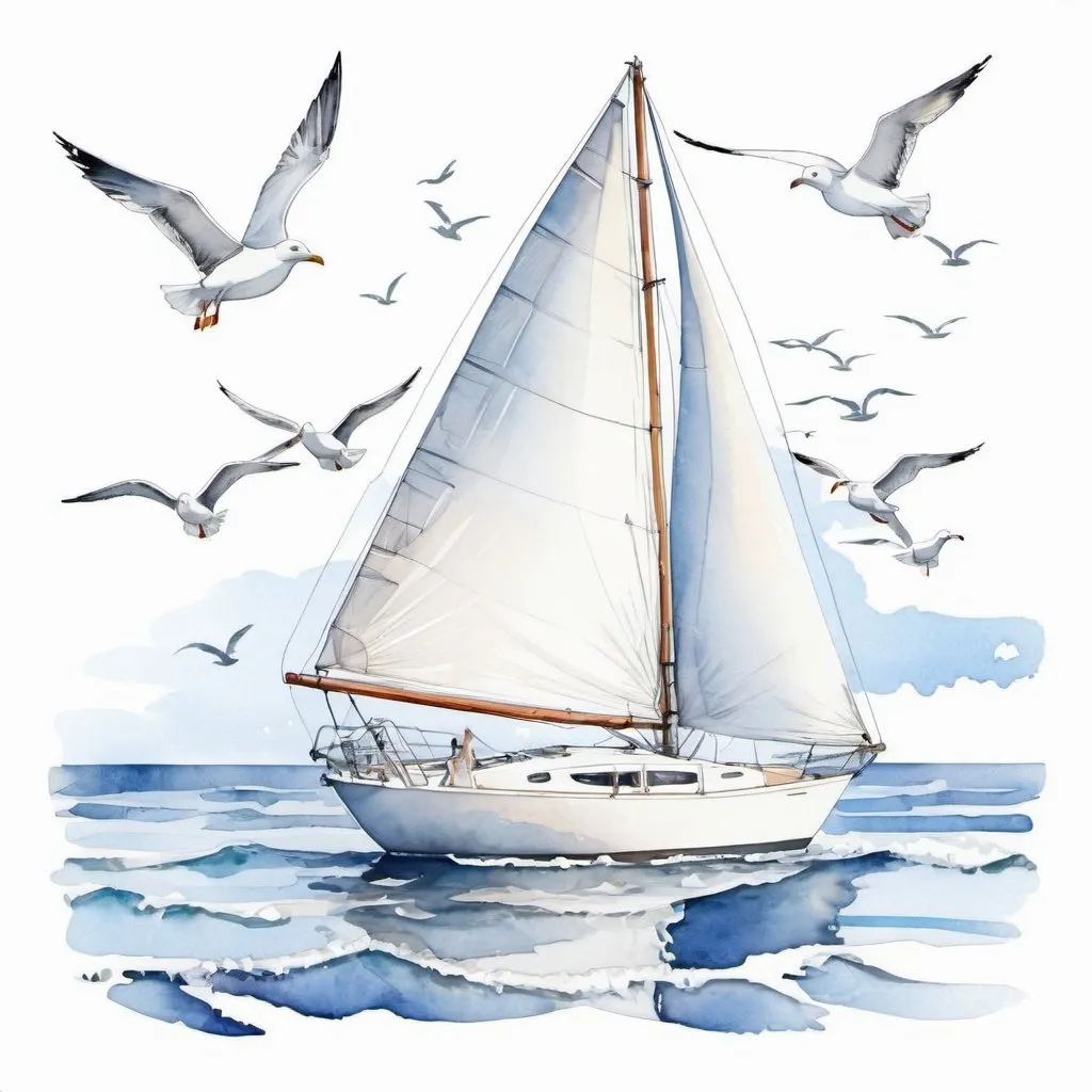 Prompt:  Sketch, sketch, fashionable summer ocean look for a woman, white sailboat, seagulls,
watercolor drawing, fine tracing of contours with liners, white background at the edges, microdetalization