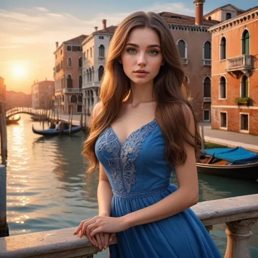 Prompt:  an elegant woman in a blue dress, a very beautiful face,beautiful long brown hair, an ultra-realistic cute girl standing on the banks of the Venice canal, against the sunset, a very beautiful fantasy drawing, photorealistic details,