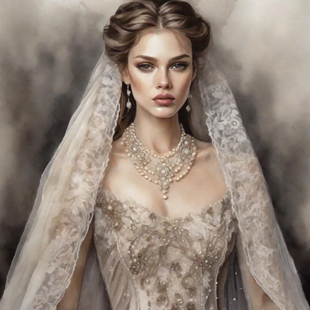 Prompt:  watercolor delicate tones, hyperrealism, diamond watercolor, D&G style, pastel colors, Royal Beauty, very delicate, fabulously beautiful dress, dark brown velvet and pearls, coffee and cream, very lace, curls, ponytail, veil face, smoky ice makeup, sunlight, fog, glare, smoky background, steel embroidery, pixel pattern, excellent detail, very detailed, realistic, dark Botanical. high quality, decoration, filigree, photo portrait