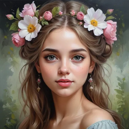 Prompt:  painting depicting a cute girl with flowers in her hair, feminine beautiful and realistic face, beautiful woman with detailed face, beautiful fantasy art portrait, realistic painting , beautiful oil portrait, detailed realistic beautiful, beautiful portrait, princess portrait, beautiful portrait image, very beautiful fantastic art,