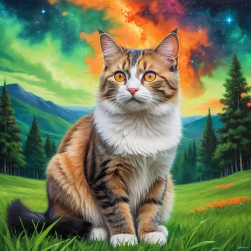 Prompt: cat sitting on top of a lush green field, space graphic in the background, colorful nebula background, bright orange eyes, wandering through the forest, hyper realistic x image, color print, fluffy cat, vibrant, psychotrance artwork, kitten oil painting  