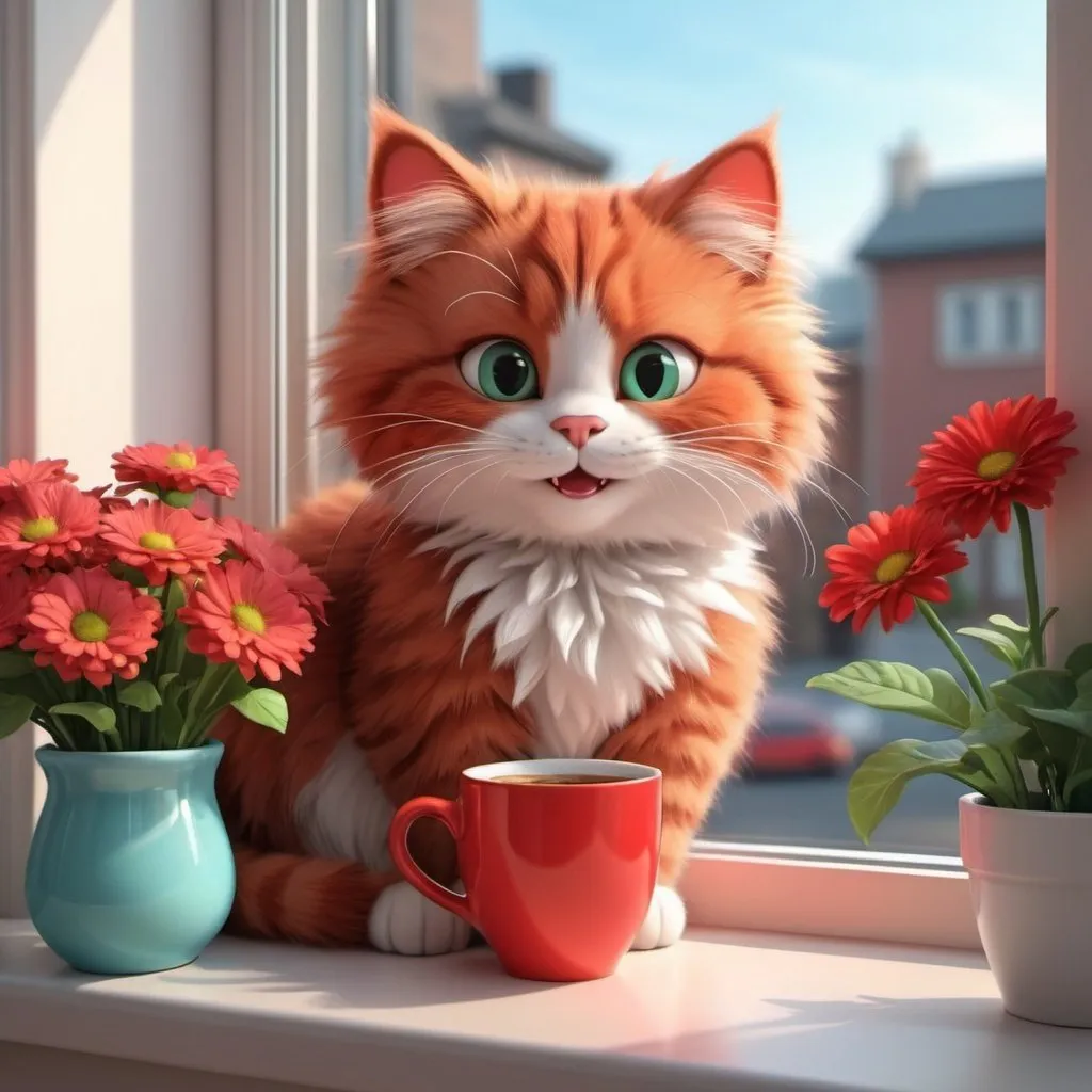 Prompt:  cute fluffy red cartoon cat sits on the windowsill next to a cup of coffee, a bouquet of flowers in a vase, the cat drinks coffee, a smiling cat, a cute beautiful cat, a cat drinks tea, a happy cat, a cool cat, fantasy beautiful 3 D drawing