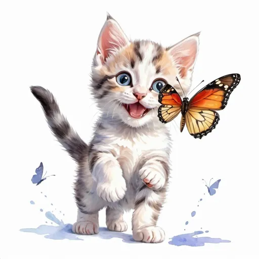 Prompt:  a kitten playing with a butterfly on a white background, a smiling cat with cute, loving eyes, jumping towards the viewer,bright cartoon drawing, computer graphics, watercolor drawing, realistic