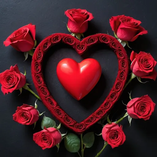 Prompt:  Red heart-shaped object and red roses on a dark background.