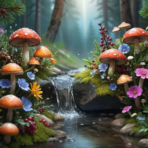 Prompt:  stream from rock on background. close up realistic variety meadow flowers and berries filigree ornaments under pine branch and spruce. beautiful flowers and mushrooms detailed. lens effect dewdrops, interesting, cozy, masterpiece. magical colorful flowers in composition near water stream from rock, digital hyperdetailed painting illustration, hd wallpaper, glowing flowers, sparkling, fantasy 3D complex composition, ivaV, ue5, uhd 64k botanical art, beauti fairy