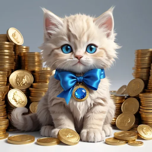 Prompt: Cute fluffy kitten, blue bow around his neck, sitting next to a pile of gold coins, with bright blue eyes, gold ribbons, white background hyperrealistic,
cartoon style,cgi