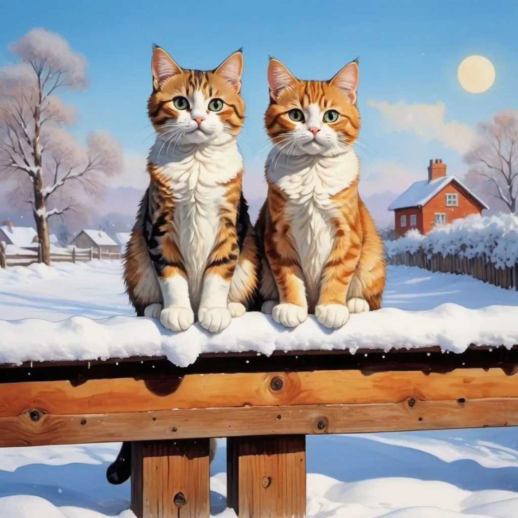 Prompt:   a couple of cats sitting on top of a wooden fence, illustration of 2 cats, cute cats, cute kittens, snowy, cute cat photo, cats, beautiful painting of friends, cute animals, kittens, very very beautiful furry art, in snow, snowy background, by Louis Wain, snowy winter scene, cute cat, beautiful cat, snow scene, beautiful painting, gorgeous art