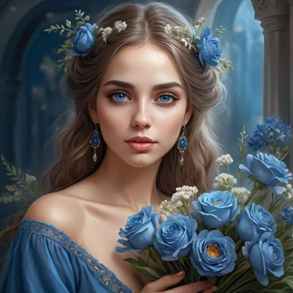 Prompt: a woman in a blue dress with a bouquet of flowers in her hands, a beautiful fantasy portrait, a beautiful woman with detailed faces, very beautiful fantasy art, a beautiful fantasy girl, detailed realistic beautiful, very beautiful digital art, very detailed beautiful face, romantic painting, very detailed and beautiful face, beautiful drawings Fantasy style, very detailed stunning deep eyes