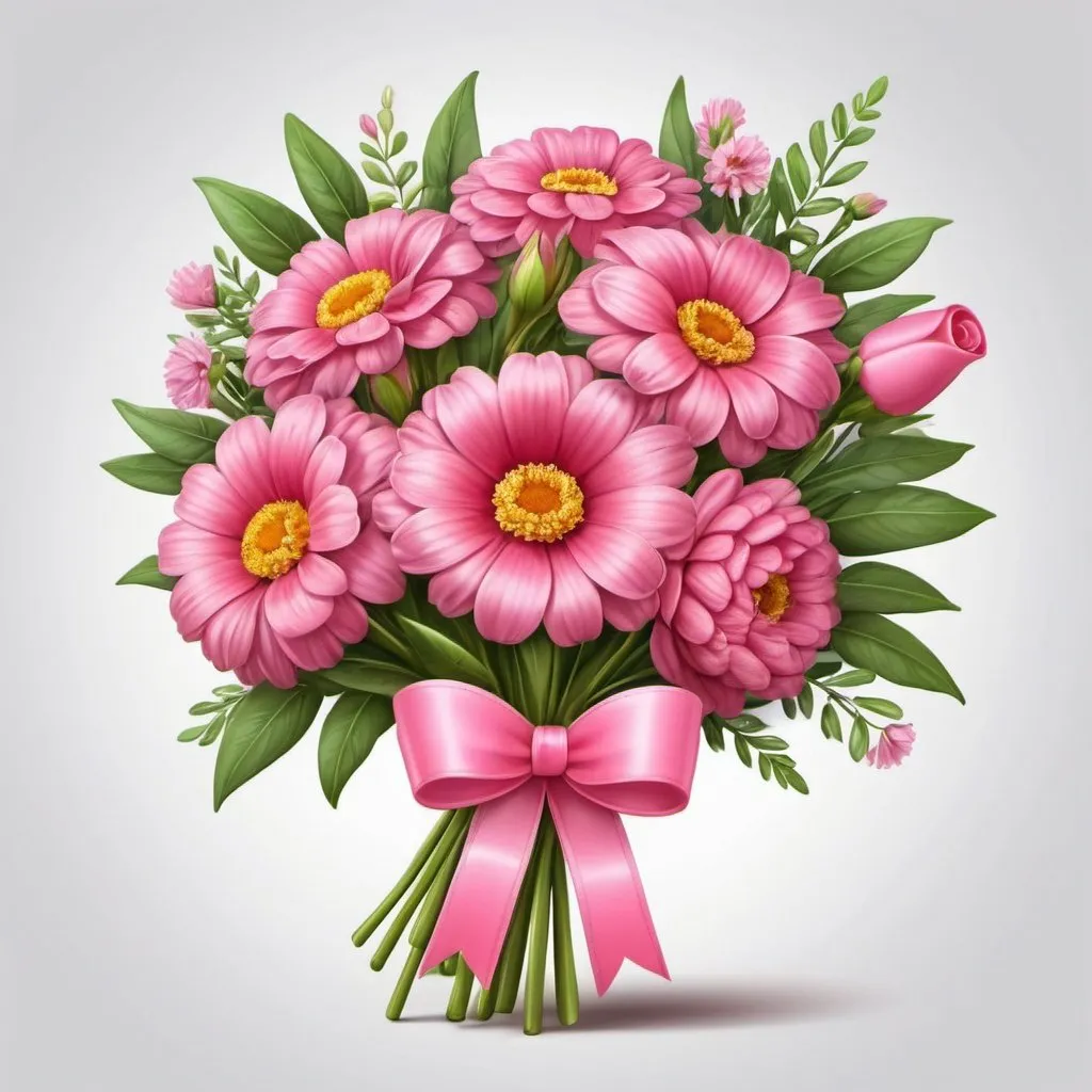 Prompt: bouquet of flowers with pink ribbon, made with high quality, smooth rounded shapes, unique styles, cheerful expression, fragrant plants, beautiful, realistic, drawing