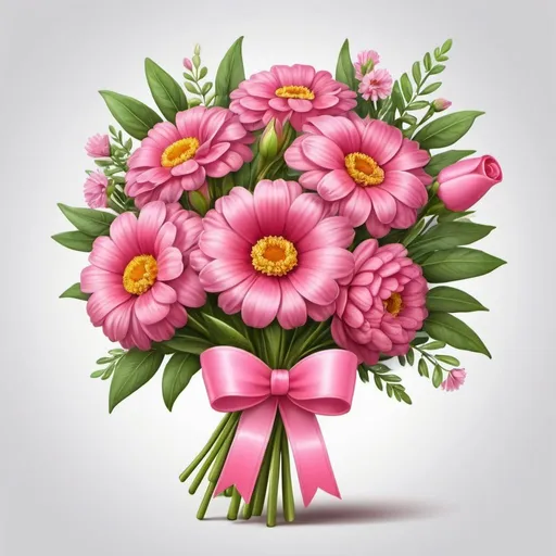 Prompt: bouquet of flowers with pink ribbon, made with high quality, smooth rounded shapes, unique styles, cheerful expression, fragrant plants, beautiful, realistic, drawing