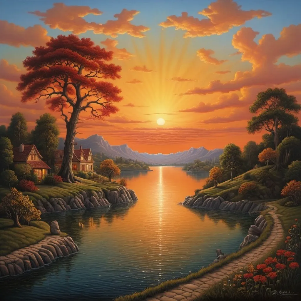 Prompt:  a painting of a sunset over a body of water, romanticism painting, magic realism painting, by Ron English, romanticism art style, todd schorr highly detailed, by Rafal Olbinski, surrealism painting, romanticism landscape painting, romanticism artwork, magical realism painting, michael cheval (unreal engine, by mark keathley, framed painting

 