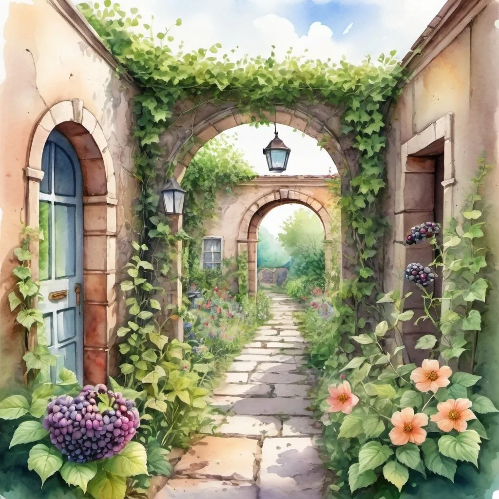 Prompt:  a garden with flowers, lots of doorways, connected to nature by vines, an alley, a ruined wall, picture frames, pleasant memories, hospitality, blackberry bushes, watercolor drawing with 3d parallax effect,