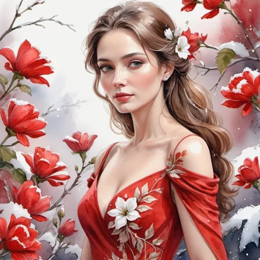 Prompt: Elegant, charming woman in a red dress with white flowers, vine dress, rich color and details, dress, snow-covered bright red, realistic, beautiful, naturally, high detail,middle close-up,bloom light effect, dry watercolor, color sketch art