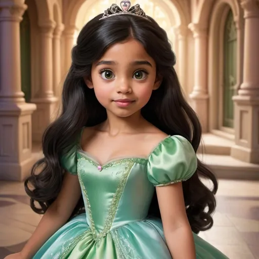 Prompt: a young girl with long black hair wearing a green dress, disney photo realistic, realistic and detailed face, light brown skin!, beautiful pink little girl, lovable and furry, she has olive brown skin, cinderella, very big eyes, long curl hair, exaggerated features,  