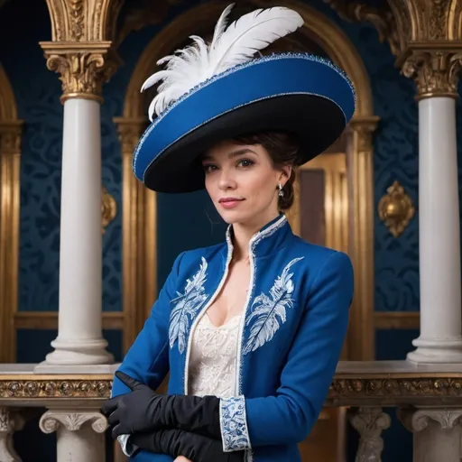 Prompt:   A woman wearing a blue and white hat with feathers, a blue jacket with embroidery, and black gloves, posing in front of an ornate architectural background.