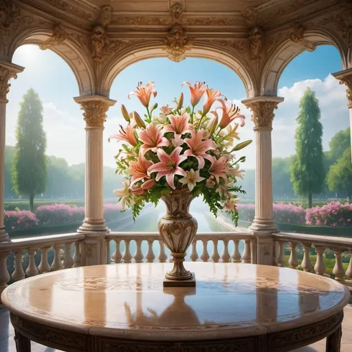 Prompt:  a vase of flowers standing on a table, a very beautiful fantasy art, a palace soaring in the sky, lilies, !!beautiful!!, landscape of the royal garden, beautiful terrace, beautiful surroundings, courtyard