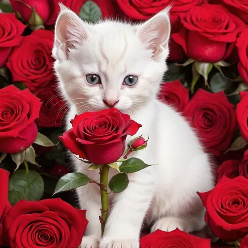 Prompt:  Cute white kitten holding a red rose amongst red roses.