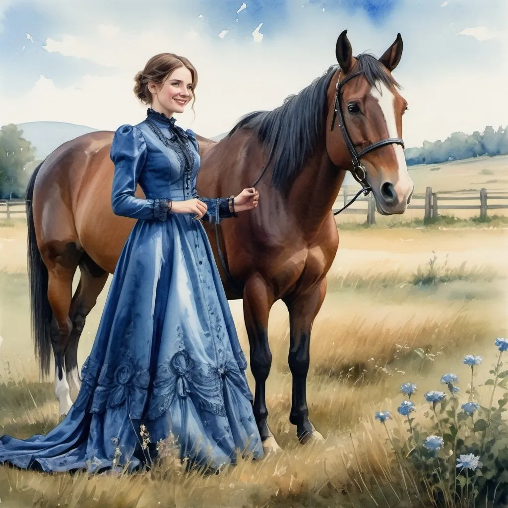 Prompt: An elegant woman in a blue Victorian dress stands next to a horse in a field by the road. with a smile, very detailed, realistic, natural, high detail, medium shot, blooming lighting effect, watercolor painting,