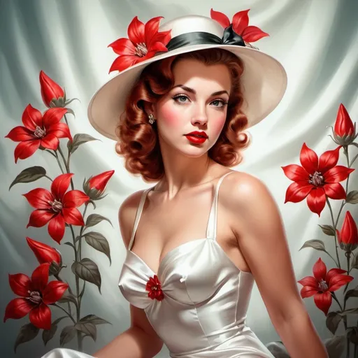 Prompt:  woman in white satin dress with scarlet flowers and hat, pin up art, dressed like in the 1940s, fantasy realistically beautiful, airbrush drawing