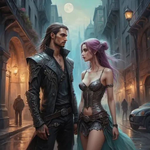 Prompt: man and woman standing side by side in urban fantasy style, beautiful fantasy painting, romantic painting, very beautiful fantasy art, breathtaking fantasy art, romantic painting, romantic dreampunk works,