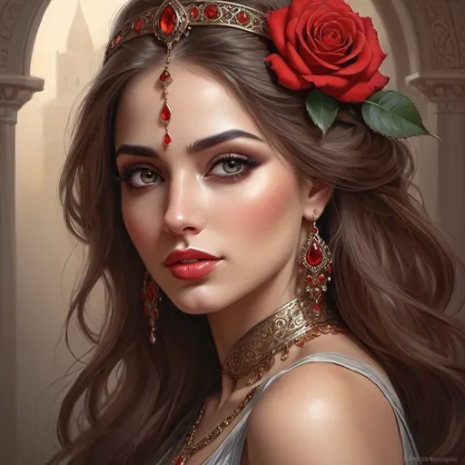 Prompt:  utiful woman with a red rose in her hair, beautiful fantasy art portrait, arabian art, very beautiful fantasy art, beauty woman with detailed faces, beautiful fantasy portrait, very detailed beautiful face, detailed realistic beautiful, beautiful fantasy painting, detailed beautiful portrait, exquisite digital illustration, very detailed and beautiful face, gorgeous digital a