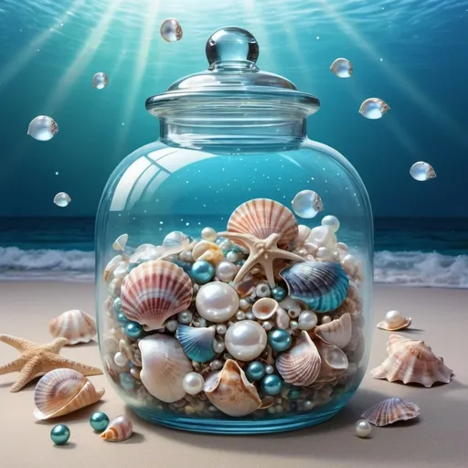 Prompt:  a glass jar filled with shells and pearls, stylishly designed background, illustration iridescent, the multiverse, marine, of romanticism a center image, bubbly scenery, aquarius, treasure on walls, azure ocean, beautiful singularities, happy apearance, realistic - n 9, realistic-n 9, surrealism aesthetic 