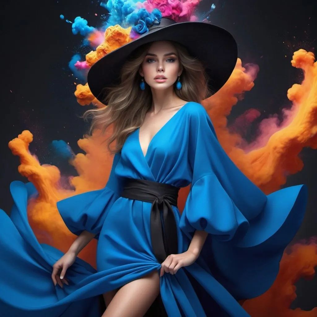 Prompt:  woman in blue dress and hat, breathtaking fantasy art, creativity in fashion design, explosion of color, model dressed in loose clothing, highly photographic render, voluminous sleeves, big black hat, !!! high fashion!!!, large colorful images, turn-down sleeves.