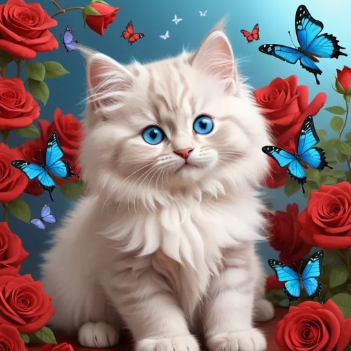 Prompt: Cute, little long-haired Siberian kitten, charming blue eyes, surrounded by red roses, white wisteria, butterflies, glamour style, cute cartoon, happy appearance, realistic,made with soft airbrushing,