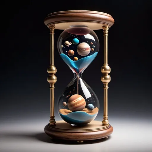 Prompt:  Hourglass-shaped object with planets, galaxies, and celestial bodies visible inside it.