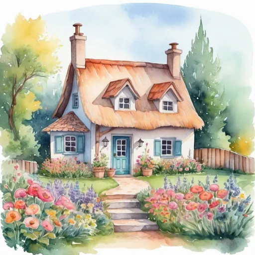 Prompt:  The cottage is surrounded by a garden with flowers, cute cozy, fantasy watercolor drawing