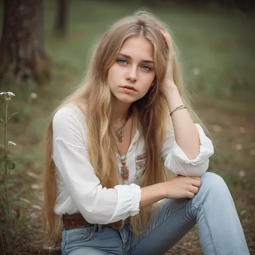 Prompt: young beautiful hippie girl with long blond hair, wearing jeans and a white blouse, romanticism, she has a distant expression on her face, drawn in pastel,