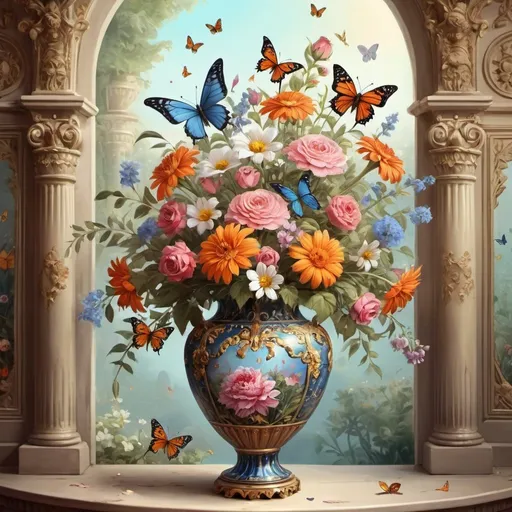 Prompt: a painting of flowers and butterflies in a vase,  beautiful fantasy painting, i dream of a vase flowers, exquisite digital art, vase, beautiful digital artwork, beautiful gorgeous digital art, royal garden background, flowers and butterflies, exquisite digital illustration, intricate ornate anime cgi style, very beautiful fantasy art, romanticism painting, romanticism artwork, ornate detailed background