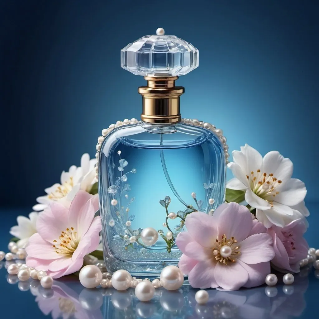 Prompt:  a bottle of perfume with flowers and pearls, transparent backround, very magical and dreamy, blue room, 🎀  , flora world, flasks,   extremely detailed beautiful, centred in image, with notes, hyper realistic art, clean image