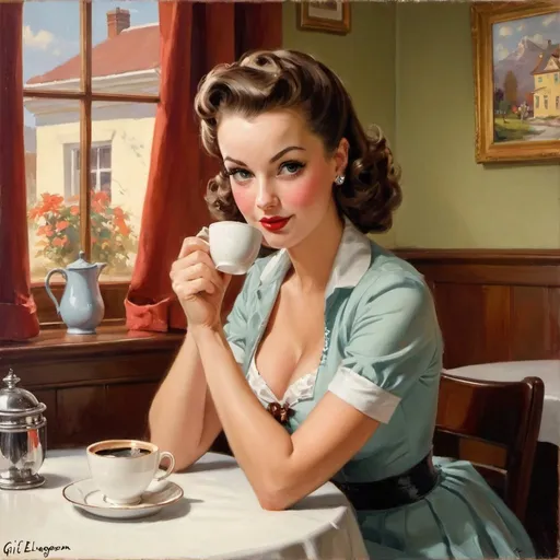 Prompt:  a painting of a woman sitting at a table with a cup of coffee, a fine art painting by Gil Elvgren, pinterest, figurative art, ( ( konstantin razumov ) ), gil elvgren style, woman drinking coffee