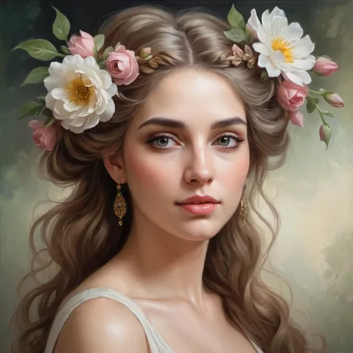 Prompt:  painting of a woman with flowers in her hair, beautiful fantasy portrait, romantic style, beauty with detailed faces, detailed beautiful portrait, beautiful portrait oil painting, elegant oil painting, exquisite painting, elegant and exquisite painting, beautiful character painting, romantic era painting , gorgeous painting, detailed beauty portrait, detailed realistic beauty