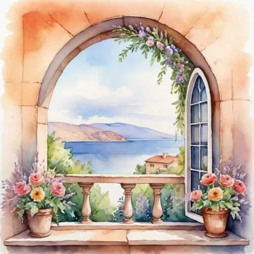 Prompt:  window in the form of an arch with flowers,with a view into the distance, watercolor drawing is a wonderful artistic illustration,