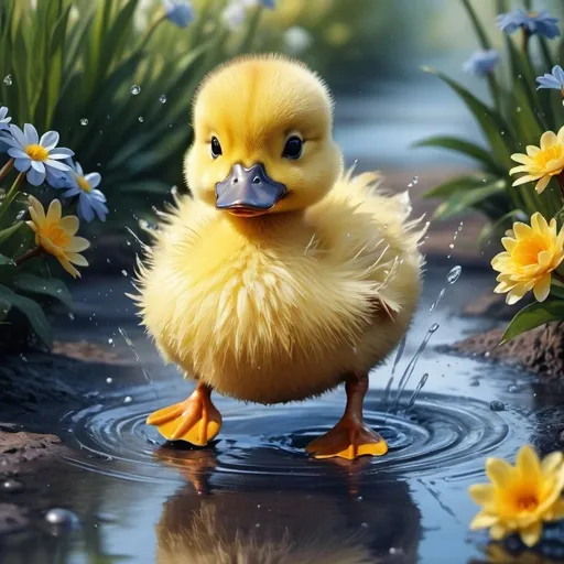Prompt: cartoon cute fluffy duckling, blue bow on his head and a wreath of flowers, walking through a puddle of water, aesthetically beautiful, fantasy, drawing, computer graphics high resolution, high detail, 30mm lens, 1/250s, f/2.8, ISO 100