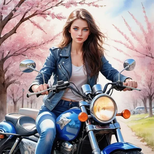 Prompt: gorgeous brunette girl, blue eyes, sitting on a motorcycle, full-length, spring , very bright design, realistic,natural, high detail, blooming lighting effect, watercolor drawing