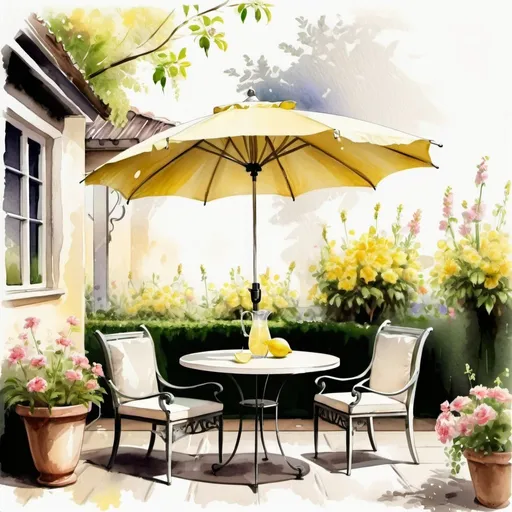 Prompt: a table with an umbrella in the garden, lemonade, verandas, elegantly realistic creamy-white color scheme, the effect of blooming lighting,
The art of color sketch
watercolor drawing, fancy
