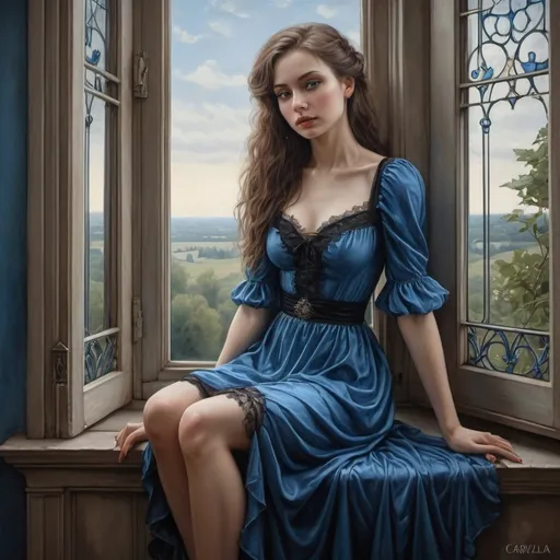 Prompt:    a woman in a blue dress sitting on a window sill, a photorealistic painting by Carla Wyzgala, featured on cg society, gothic art, beauty art nouveau woman, romanticism painting, beautiful fantasy painting