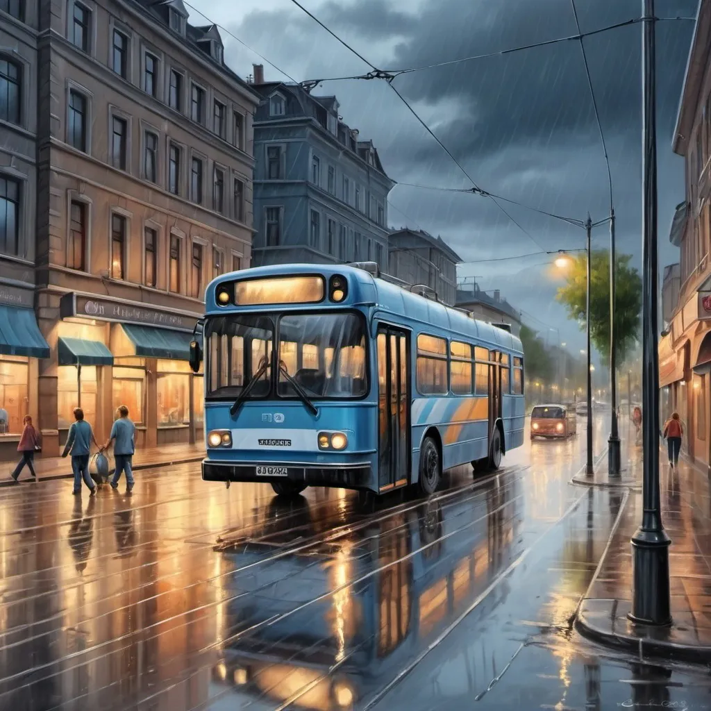 Prompt: Summer evening, trolleybus on a city street, beautiful drawing, in the evening during the rain, stunning design, very beautiful art, surroundings, realistic airbrush drawing