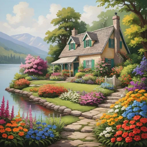 Prompt:  A scenic painting of a lakeside cottage surrounded by a lush garden and colorful flowers.